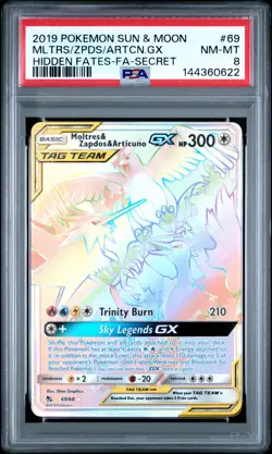 2019 POKEMON JPN SM HIDDEN FATES #69 FULL ART/MOLTRES ZAPDOS ARTICUNO GX PSA 8 - Image 1
