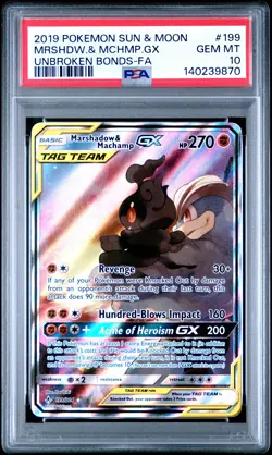 2019 POKEMON SUN & MOON UNBROKEN BONDS FULL ART/MARSHADOW & MACHAMP GX PSA 10 - Image 1