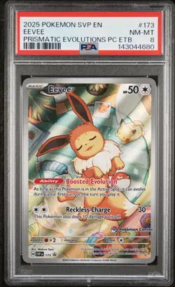 2025 POKEMON PRISMATIC EVOLUTIONS POKEMON CENTER ETB PROMO #173 EEVEE PSA 8 - Image 1