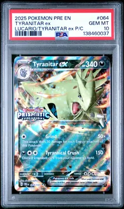 2025 POKEMON PRE EN-PRISMATIC EVOLUTIONS #064 TYRANITAR EX PSA 10 - Image 1