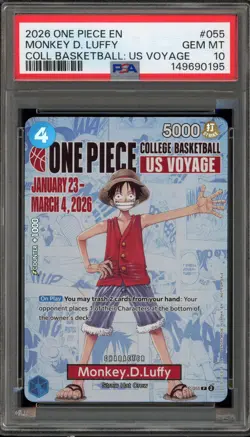 One Piece CCG Monkey.D.Luffy College Basketball US Voyage Promo P-055 PSA 10 - Image 1