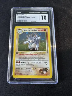 CGC 10 GEM MINT Brock's Rhydon Gym Heroes 1st Edition 2/132 Holo Pokemon Card - Image 1