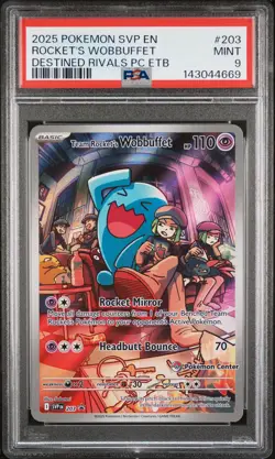 2025 POKEMON DESTINED RIVALS POKEMON CENTER ETB TEAM ROCKET'S WOBBUFFET PSA 9 - Image 1