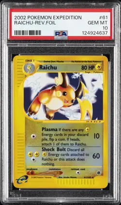 2002 POKEMON EXPEDITION #61 RAICHU-REVERSE FOIL PSA 10 - Image 1