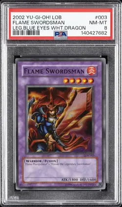2002 YU-GI-OH! LOB-LEGEND OF BLUE EYES WHITE DRAGON #003 FLAME SWORDSMAN PSA 8 - Image 1