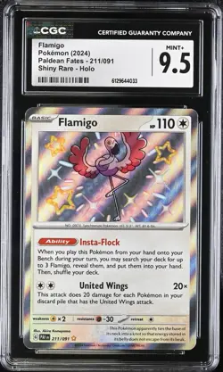 CGC 9.5 MINT + Flamigo 211/091 Paldean Fates Shiny Holo Rare Pokemon Card - Image 1