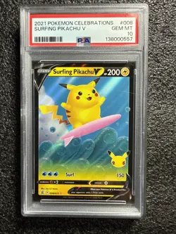 2021 Pokemon Celebrations #008 Surfing Pikachu V PSA 10 - Image 1