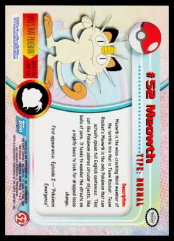 Meowth #52 Pokemon TOPPS Series 1 TV Animation Blue Label - Image 2