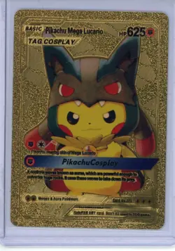 Pokemon Gold Foil Fan Art Card PIKACHU COSPLAY Mega Lucario 625HP #009 - Image 1