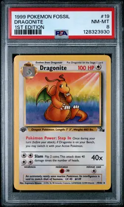 1999 POKEMON FOSSIL 1ST ED #19 DRAGONITE PSA 8 - Image 1