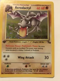 1st Edition Aerodactyl 1/62 PRERELEASE Brown Stamp Fossil Holo 1999 Pokemon Card - Image 1