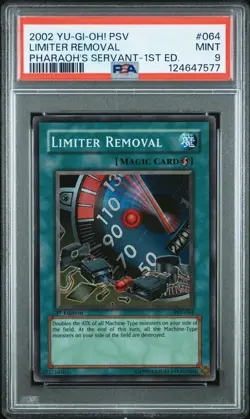 2002 Yu-Gi-Oh!Limiter Removal Pharaoh's Servant PSV 1st Edition Super Rare PSA 9 - Image 1