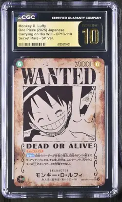 CGC 10 Pristine Luffy OP13-118 SEC Wanted SP Alt Art Carrying on His One Piece - Image 1