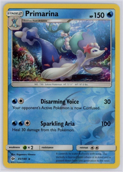 Pokemon TCG Primarina Sun & Moon Base 41/149 Reverse Holo Rare - Image 1