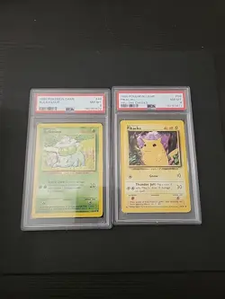 PSA 8 1999 POKEMON BASE SET UNLIMITED YELLOW CHEEKS #58 PIKACHU & Bulbasaur - Image 1
