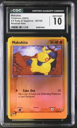 CGC 10 GEM MINT Makuhita EX Ruby & Sapphire 58/109 Reverse Holo Pokemon Card - Image 1