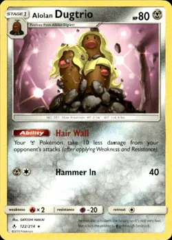 Pokemon Alolan Dugtrio SM - Unbroken Bonds 122/214 Light Play LP+ or Better - Image 1