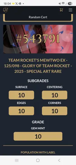 Pokemon TCG PERFECT ACE 10 Team Rocket’s Mewtwo SAR 125/098 PERFECT SUBGRADES - Image 3