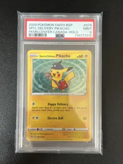 Graded Pokemon Card Special Delivery Pikachu SWSH074 PSA 9 MINT HD SWIRL - Image 1