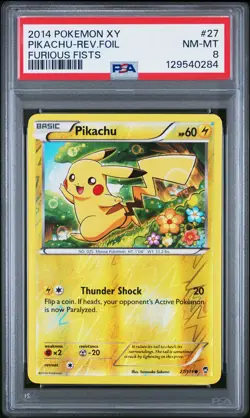 2014 POKEMON XY FURIOUS FISTS #27 PIKACHU-REVERSE FOIL PSA 8 - Image 1