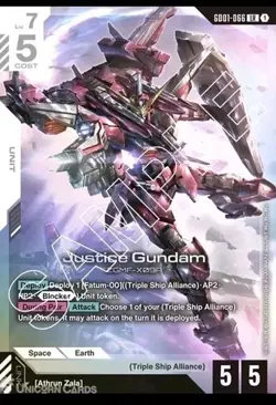 GD01-066 Justice Gundam : LR Holofoil Gundam TCG Card : GD01: Newtype Rising - Image 1