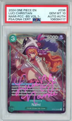 PSA GEM MT 10 Signed Luci Christian Nami (OP02-036) Best Selection Vol 1. - Image 1