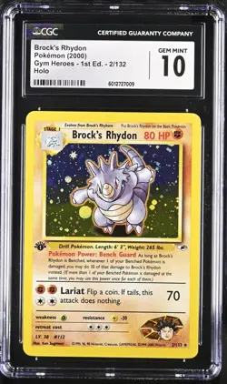 CGC 10 Brock's Rhydon Gym Heroes 1st Edition 2/132 Holo Pokemon Card - Image 1