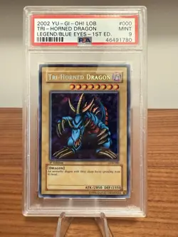 2002- PSA 9 - Yugioh 1st Edition - Secret Rare Tri-Horned Dragon - LOB-000. AE - Image 1