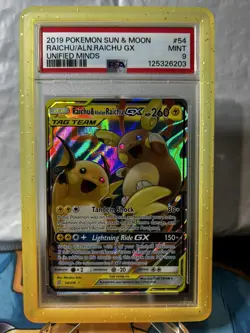 RAICHU & ALOLAN TAG TEAM PSA 9 2019 POKEMON SUN MOON UNIFIED MINDS #54/236 - Image 1