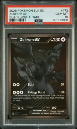 2025 Pokemon Black Bolt Zekrom ex Back White Rare #172 PSA 10 Gem Mint - Image 1