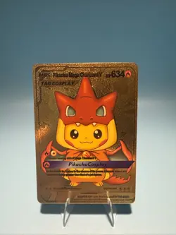 Pokemon Pikachu Mega Charizard Y Tag Cosplay Poncho Gold Foil Fan Art Card TCG - Image 1