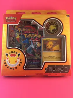 Pokemon TCG Day 2026 30th Anniversary Box Pikachu Promo Card Coin 3 Boosters - Image 1