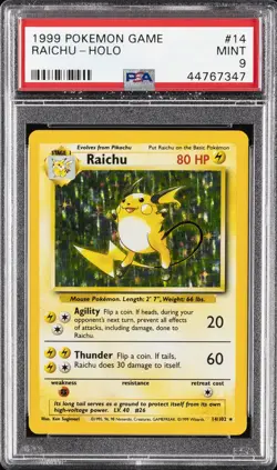 1999 POKEMON BASE SET UNLIMTIED #14 RAICHU-HOLO PSA 9 - Image 1