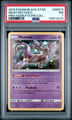 2019 POKEMON SM BLACK STAR PROMO HIDDEN FATES PIN COLL #SM214 MEWTWO-HOLO PSA 7 - Image 1