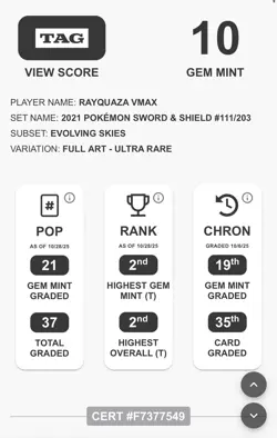 TAG GEM MINT 10 Rayquaza VMAX 111/203 – Evolving Skies Pokemon - Image 3