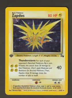 Pokemon Zapdos 15/62 Fossil First Edition Holo WOTC 1999 - Image 1