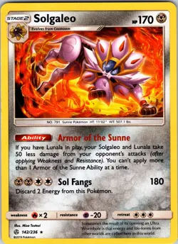 Solgaleo 142/236 SM - Cosmic Eclipse Pokemon NM Holo - Image 1