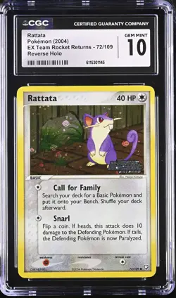 CGC 10 Rattata EX Team Rocket Returns 72/109 Reverse Holo Stamped Pokemon Card - Image 1
