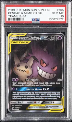 2019 POKEMON SUN & MOON TEAM UP #165 FULL ART/GENGAR & MIMIKYU GX PSA 10 - Image 1
