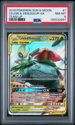 2019 POKEMON SUN & MOON TEAM UP #1 CELEBI & VENUSAUR GX PSA 8 - Image 1