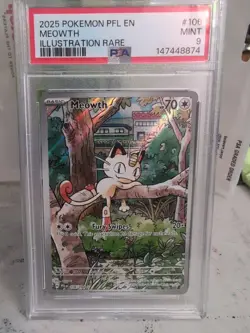 2025 Pokemon Pfl En-Phantasmal Flames #106 Meowth Illustration Rare PSA 9 - Image 1