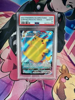 2021 POKEMON CELEBRATIONS #009 FULL ART/SURFING PIKACHU VMAX PSA 10 - Image 1