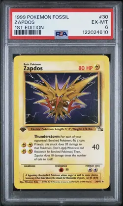 Pokemon Zapdos 30/62 Fossil 1st Edition PSA 6 Regular Rare 1999 English - Image 1