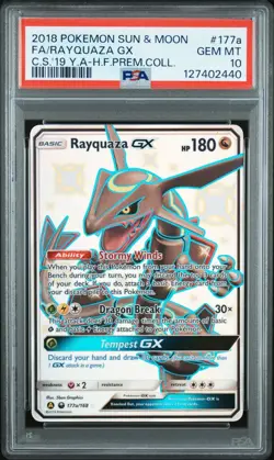 2018 POKEMON CELESTIAL STORM #177A FULL ART/RAYQUAZA GX Hidden Fates PSA 10 - Image 1