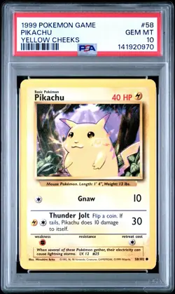 1999 POKEMON BASE SET UNLIMITED YELLOW CHEEKS #58 PIKACHU PSA 10 - Image 1
