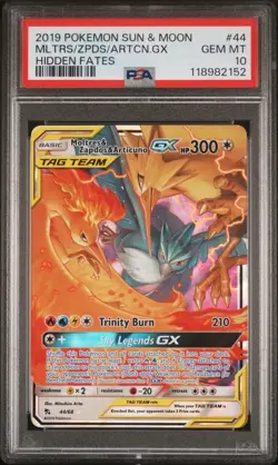 2019 POKEMON SUN & MOON HIDDEN FATES #44 MOLTRES & ZAPDOS & ARTICUNO GX PSA 10 - Image 1
