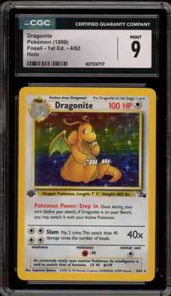 Pokemon Dragonite Fossil 1st Edition Holo Rare #4 CGC 9 Mint - Image 1