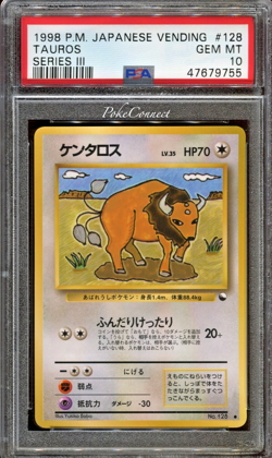 PSA 10 GEM MINT Pokemon Tauros Vending Series 3 Japanese #128 1998 - Image 1