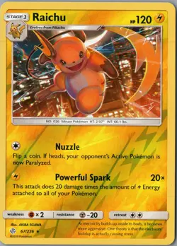 Raichu Rare SM - Cosmic Eclipse 67/236 NM Reverse Holofoil - Pokemon - Image 1
