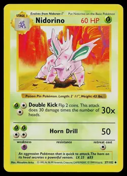 Pokemon Card - Nidorino Base Set (Shadowless) 37/102 Uncommon - Image 1